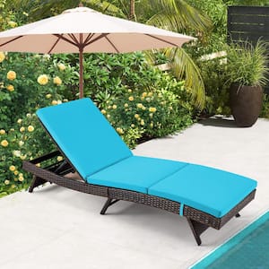 Wicker Outdoor Patio Chaise Lounge Chairs Adjustable Poolside Loungers Sunlounger with Blue Cushions Set of 1