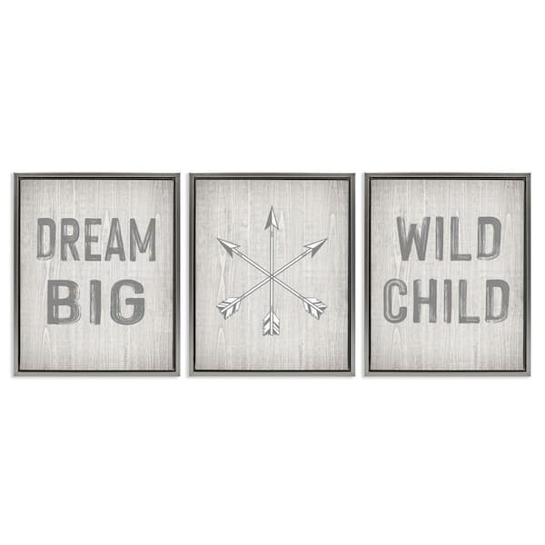 Stupell Industries Dream Big Boho Arrows by Ashley Calhoun 3 Pieces Gray Floater Frame Typography Graphic Art Print 31 in. x 25 in.