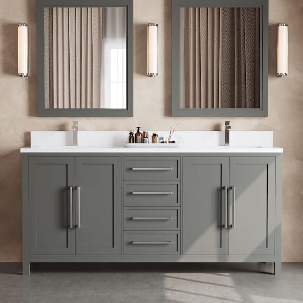 Urban Woodcraft Acadian 72 in. W x 22 in. D x 36 in. H Double Sink Bath Vanity in Gray with White Quartz Countertop and Basin.