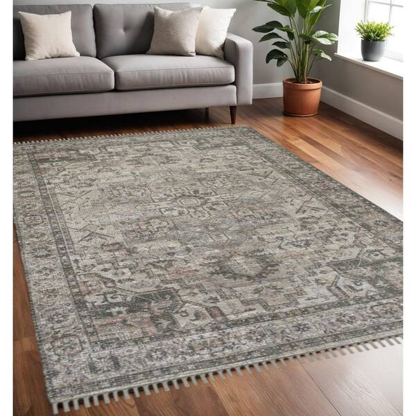 5 ft. x 7 ft. Gray Dark Gray And Dark Pink Oriental Hand Woven Area Rug With Fringe