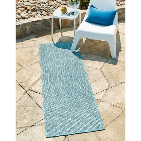 Outdoor Solid Aquamarine 2 ft. x 8 ft. Area Rug