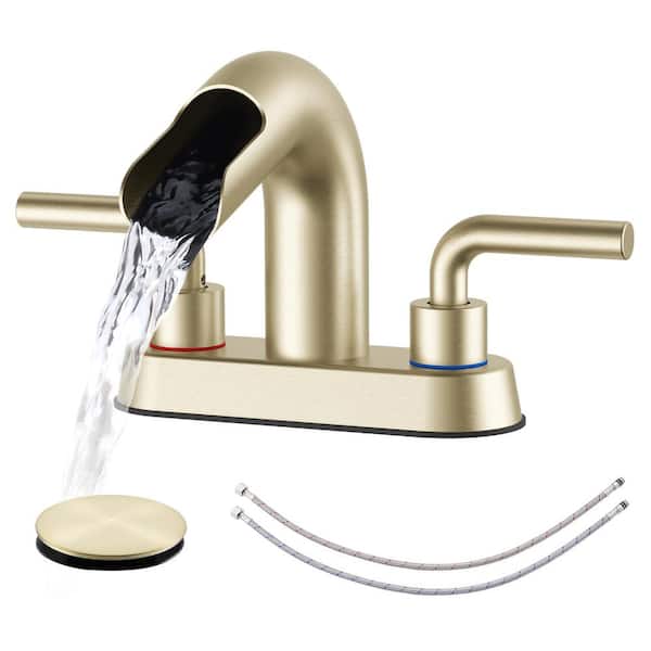 AKLFGN 4 in. 2-Handle High Arc Bathroom Faucet with Pop-up Drain and Supply Hoses in Brushed Gold