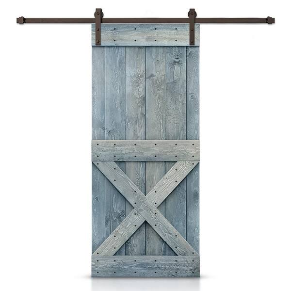 CALHOME Mini X 30 in. x 84 in. Denim Blue Stained DIY Wood Interior Sliding Barn Door with Hardware Kit