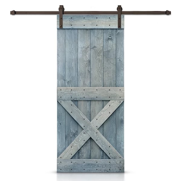 CALHOME Mini X Series 36 in. x 84 in. Pre-Assembled Denim Blue Stained Wood Interior Sliding Barn Door with Hardware Kit