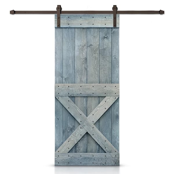 CALHOME Mini X Series 36 in. x 84 in. Solid Denim Blue Stained DIY Pine Wood Interior Sliding Barn Door with Hardware Kit