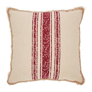 Yuletide Tan Red 18 in. x 18 in. Burlap Vintage Stripe Throw Pillow