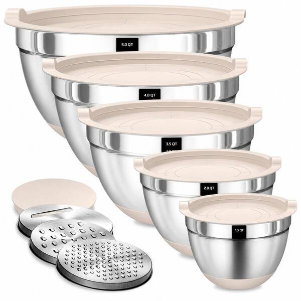 Chef Essential 8-Piece Stainless Steel Khaki Mixing Bowl Set with 3 Grater Attachments Non-Slip Silicone Bottoms, Silver