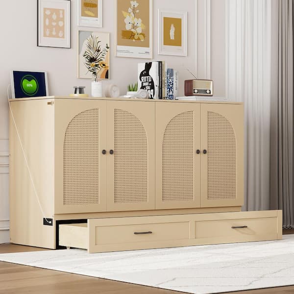 Harper & Bright Designs Gold Wood Frame Queen Size Murphy Bed Modern Rattan Decorative Surface with Large Drawer, USB Charging Port