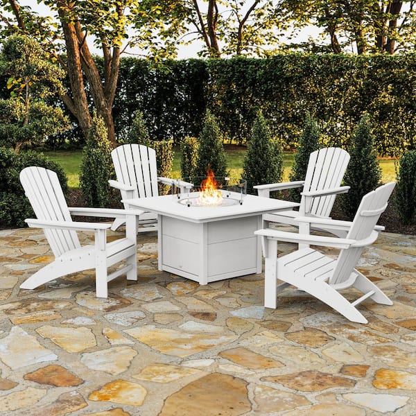POLYWOOD Grant Park 5-Piece Plastic Patio Adirondack Conversation Set with Patio Fire Pit Table