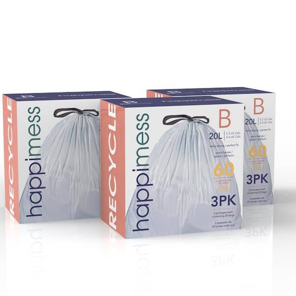 happimess HPM3000B-CLEAR 5.3 Gallon Kitchen Drawstring Trash Bags, Trash  Can Liner, Clear, 60-Count, 3-Packs of 20 Liners