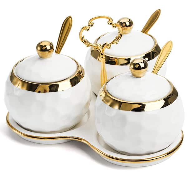 3.7 in. White and Gold Porcelain Condiment Jars with Lids Spoons and Tray White Ceramic (Set of 3)
