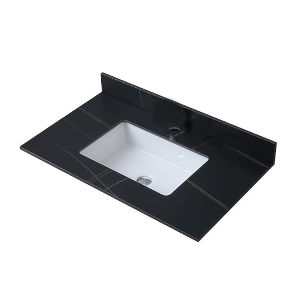 Unbranded 37 in. W x 22 in. D Engineered Stone Composite White Rectangular Single Sink Bathroom Vanity Top in Black Gold
