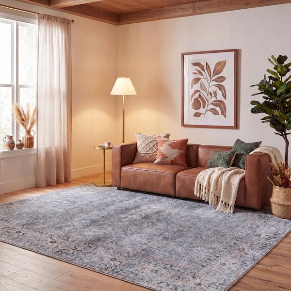 Tucson 8 ft. x 8 ft. Square Green Blue/Beige Distressed Ornate Washable Area Rug