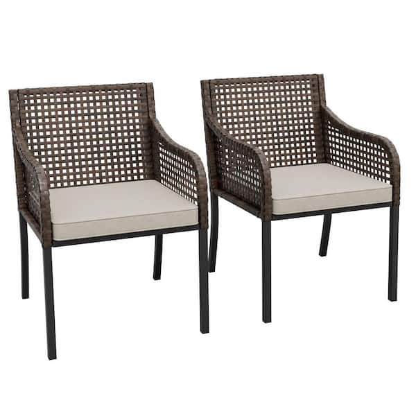 Woven Rattan Outdoor Patio Wicker Dining Chair with Beige Cushions (2-Pack)