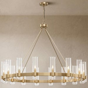 16-Light Gold Chandelier, Round Industrial Chandelier with Glass Shade, Wagon Wheel High Ceilings Pendant Light