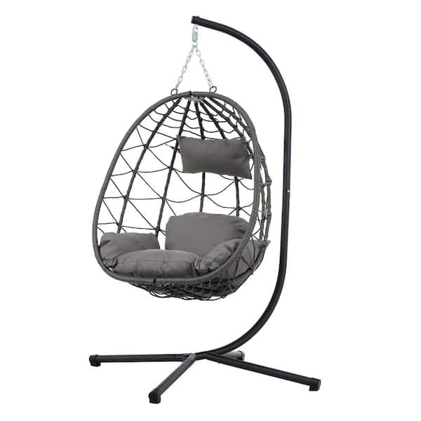 Unbranded Hanging Egg Chair Metal Patio Swing Hammock Egg Chairs with Dark Gray Cushions and Stand Outdoor Wicker Lounge Chair