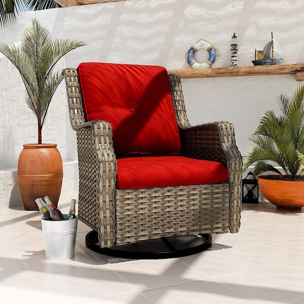 INMITOM Wicker Outdoor Lounge Chair with Red Cushions and 360° Swivel Handwoven PE Rattan