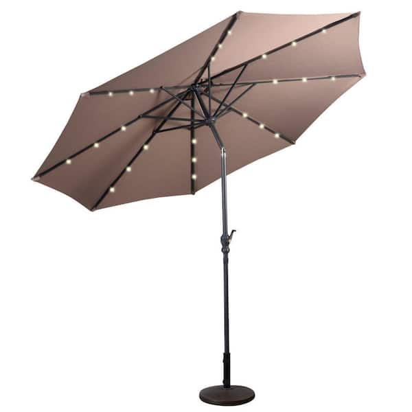 10 ft. Market Patio Umbrella in Tan with LED Light Outdoor Solar Umbrella with Crank and Push Button Tilt