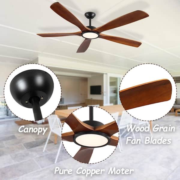 72 in. Black Indoor/Outdoor Downrod Mount Ceiling Fan with light, 5 Brown Wood Blades Fan Noiseless for Patio