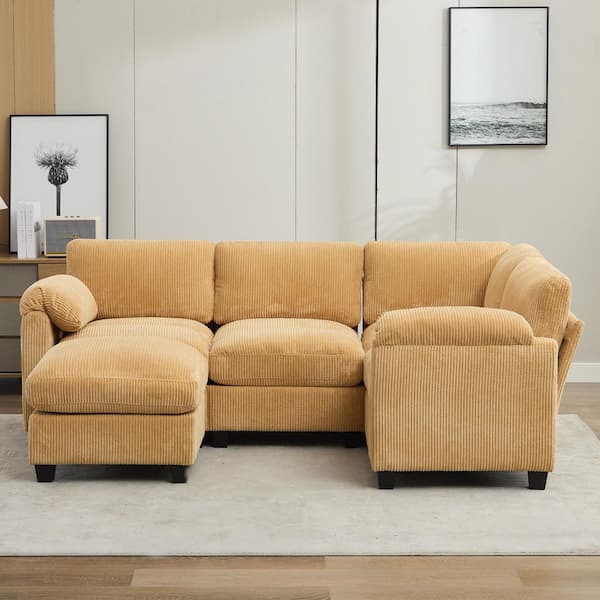 85.37 in.Corduroy Modular L-Shaped 5-Seat Sectional Sofa in Yellow for Living Room and Spacious Space