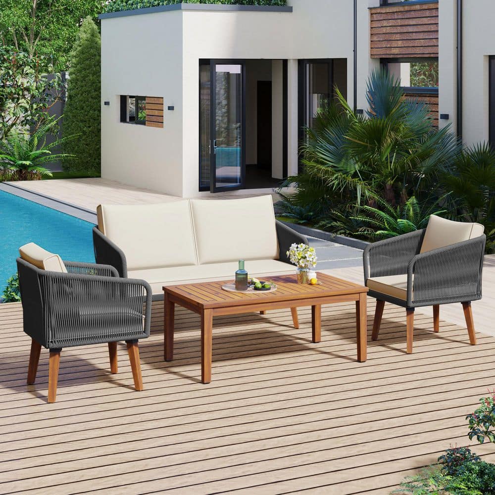4-Piece Gray Metal Patio Conversation Set with Beige Cushions