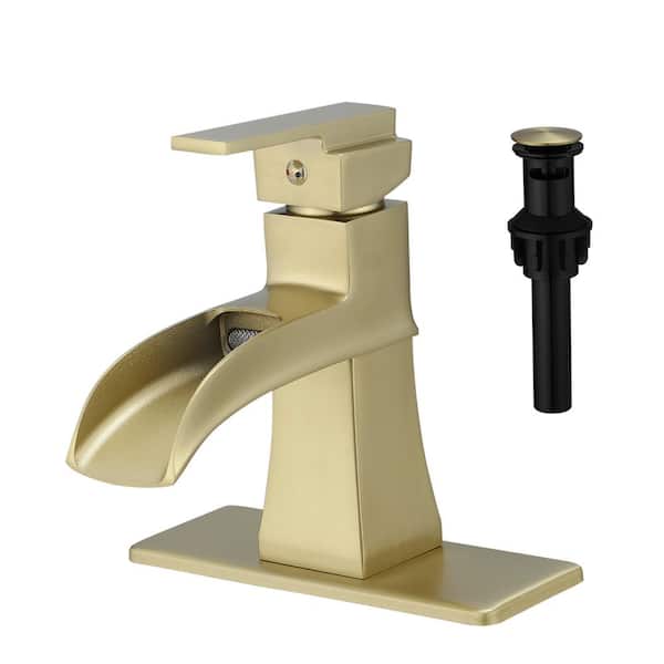 Lukvuzo Modern Waterfall Single Handle Single Hole Bathroom Faucet with Deckplate Included and DrainKit Included in Brushed Gold