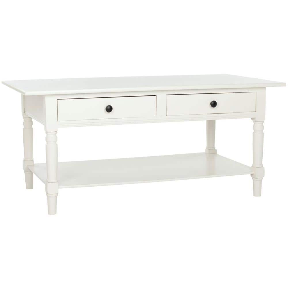 Transitional Rectangular Pine Coffee Table with Storage - Distressed Cream