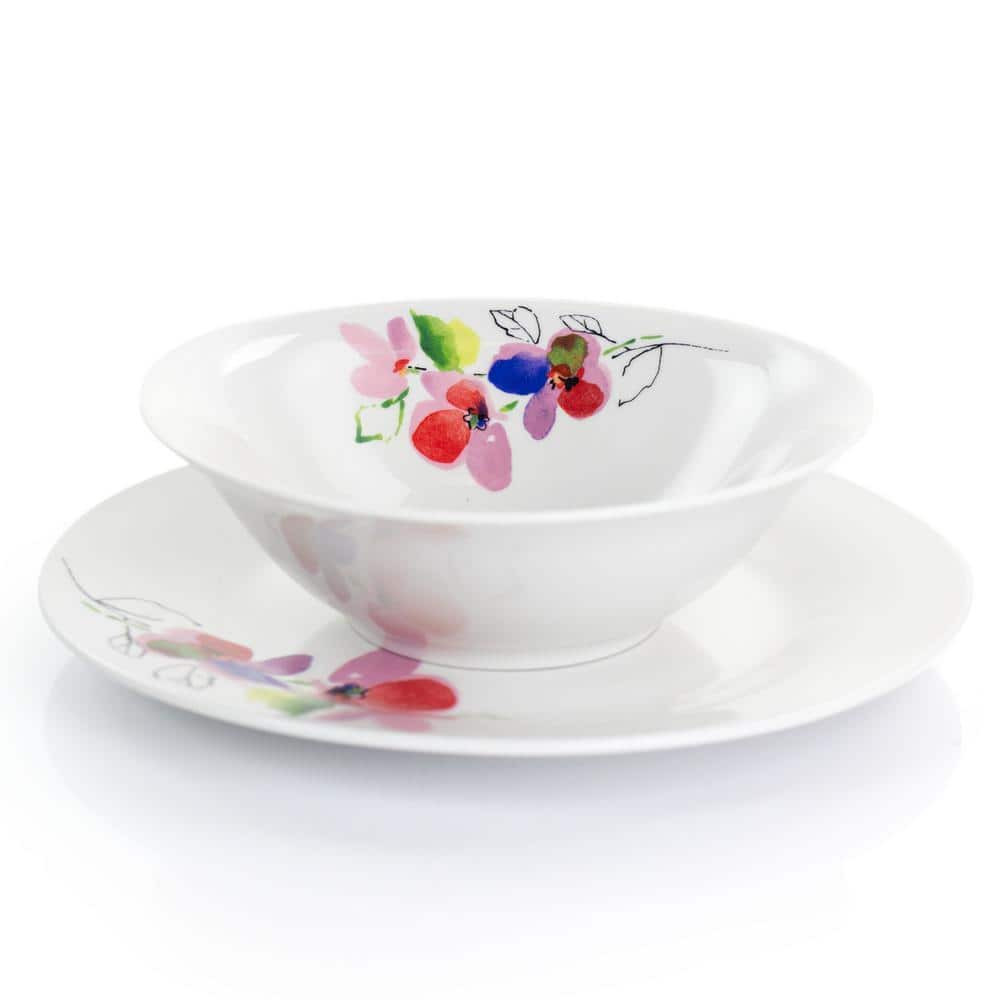 Vineyard Rose White Ceramic 12-Piece Floral Dinnerware Set