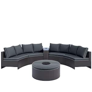 6 Pieces PE Wicker Outdoor Sectional Set with One Storage Side Table for Umbrella, One Round Table and Gray Cushions