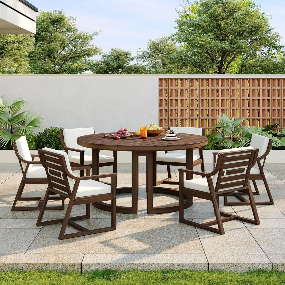 Calvyn Patio 7-Piece Mocha Finish Wood Round Outdoor Dining Set with Beige Cushions and Umbrella Hole price history on PriceWatchPro