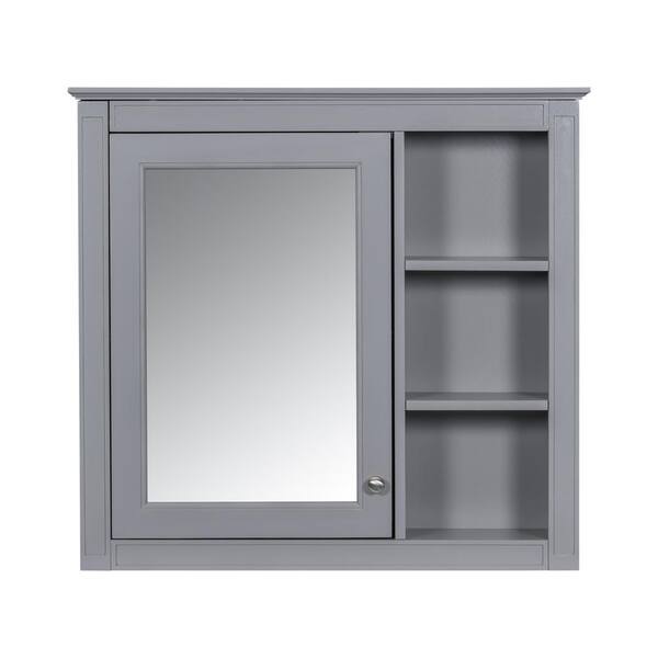 30 in. W x 28 in. H Rectangular Wood Medicine Cabinet with Mirror and 3-Open Shelves in Gray