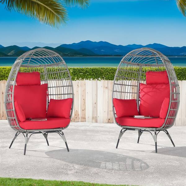 BFB 2 -Pieces Outdoor Oversized Gray Rattan Egg Chair Indoor Outdoor Chair