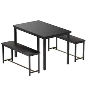 Eureka Industrial 3-Piece Black Wood Rectangular Kitchen Dining Set with Two Benches
