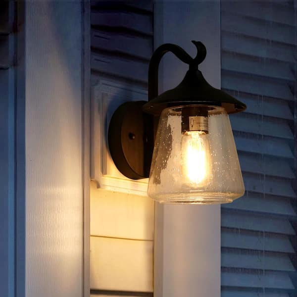Modern Frosted Black Porch Outdoor Wall Sconce 1-Light Classic Exterior Lantern with Mushroom Clear Seeded Glass Shade