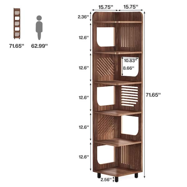 BYBLIGHT Eulas 71.85 in. Tall Brown Wood 5-Shelf Standard Bookcase