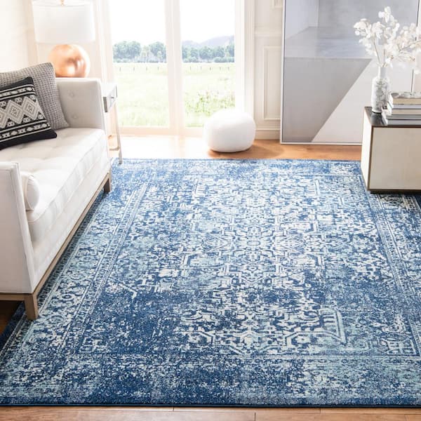 Evoke Navy/Ivory 9 ft. x 12 ft. Distressed Border Medallion Area Rug