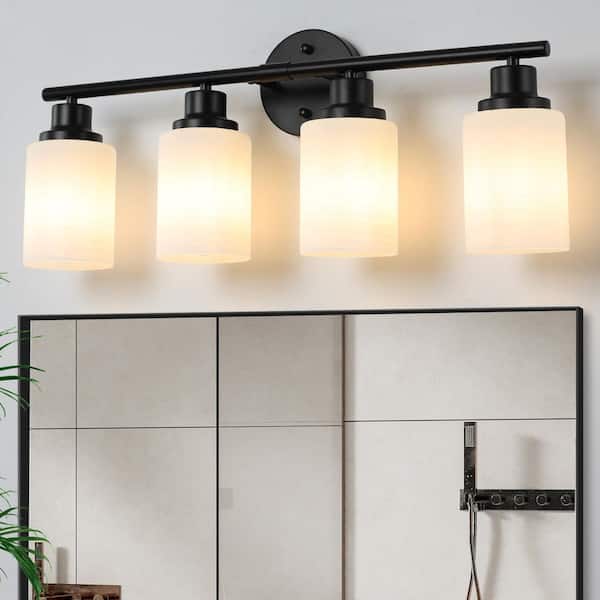 GMGSROM 24.4 in. 4-Light Matte Black Bathroom Vanity Light Fixture with Frosted Glass Shades