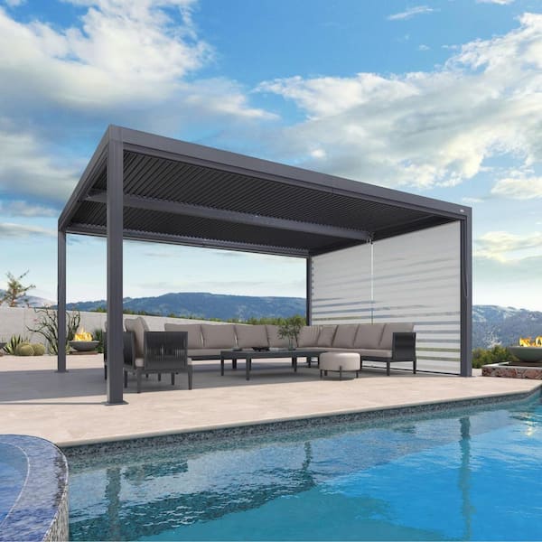 12 ft. x 16 ft. Gray Aluminum Frame Louvered Pergola with Individual Adjustable Roofs and 1-Short Side Roller Shades