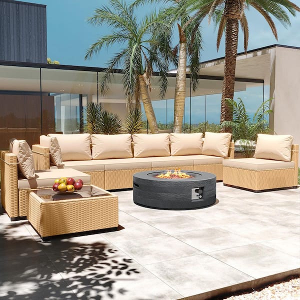 PATIOGUARDER 8-Piece Wicker Patio Conversation Set with Cushions and 42 in. Outdoor Round Fire Pit Table, Beign Cushions