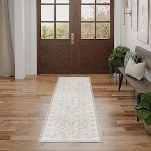 Renewed Silver Ivory 2 ft. x 8 ft. Distressed Traditional Runner Area Rug