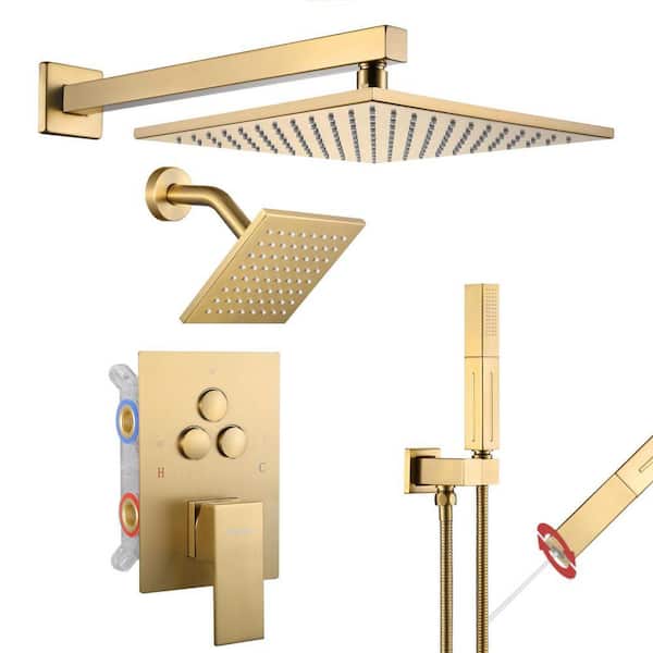 Luxury Single Handle 2-Spray Shower Faucet 1.8 GPM with 10 in. Rainfall and Pressure Balance Valve in Brushed Gold