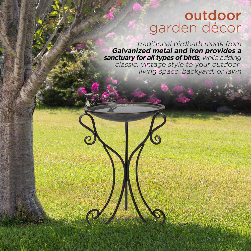 Silver Metal Birdbath with Stand and Bird Figurines