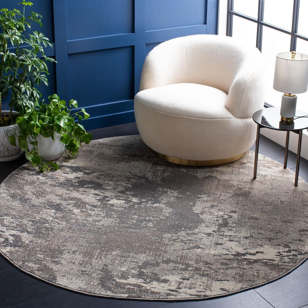Beige and Grey Round Synthetic Hand-knotted Area Rug