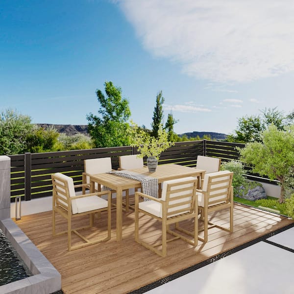 Light Teak 7-Piece Wood Outdoor Dining Set with White Cushions