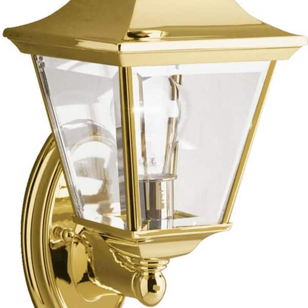 Bay Shore 20 in. 1-Light Polished Brass Outdoor Hardwired Wall Lantern Sconce with No Bulbs Included (1-Pack)