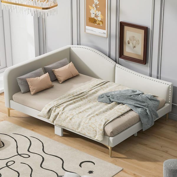 Harper & Bright Designs Beige Full Size Linen Upholstered Daybed with Headboard and Armrest, Support Legs