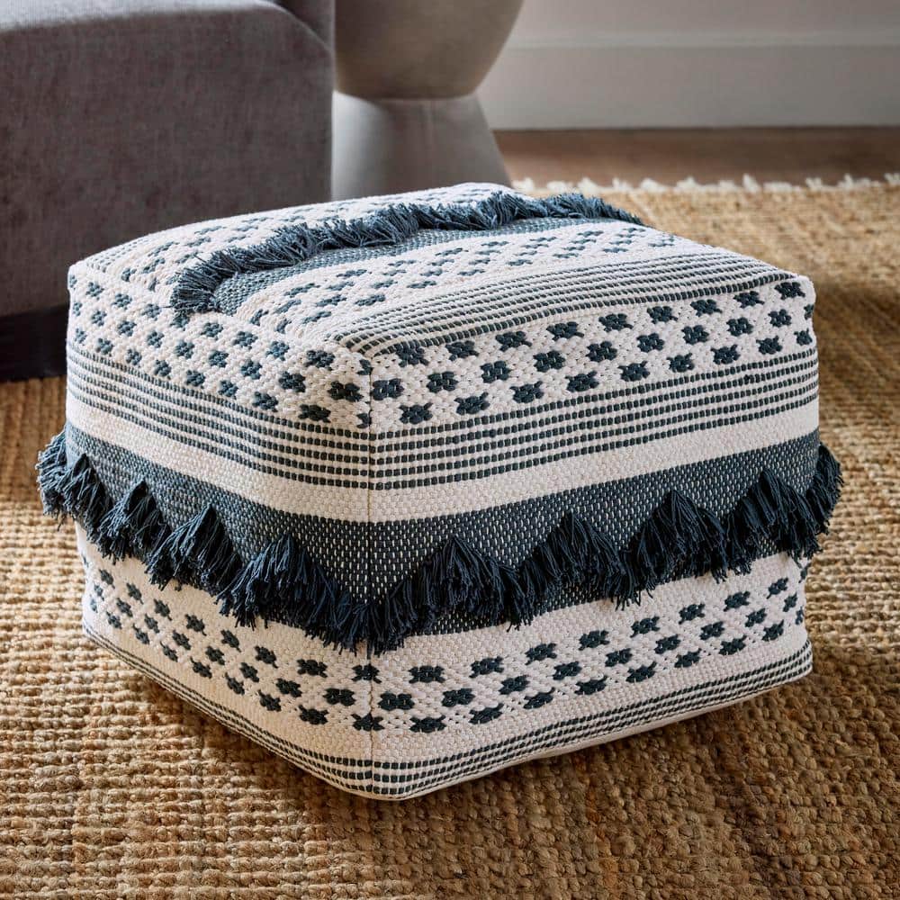 Bowden Hand Woven Slate Blue and Ivory Square Cotton Pouf Ottoman