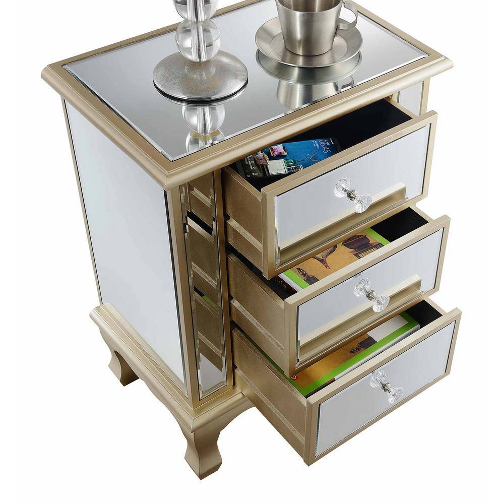 Gold Coast White Wood Mirrored Glass 3-Drawer End Table