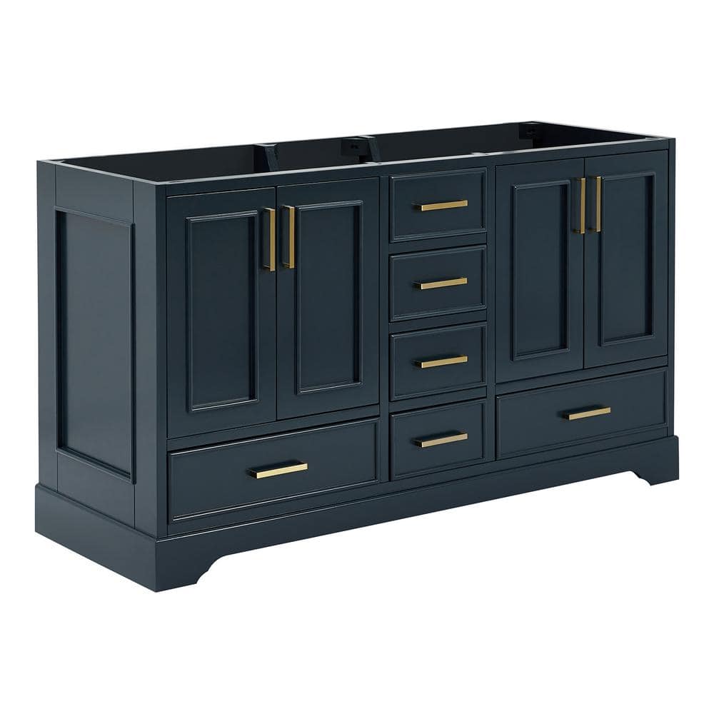 Midnight Blue Double Freestanding Vanity with Satin Brass Hardware