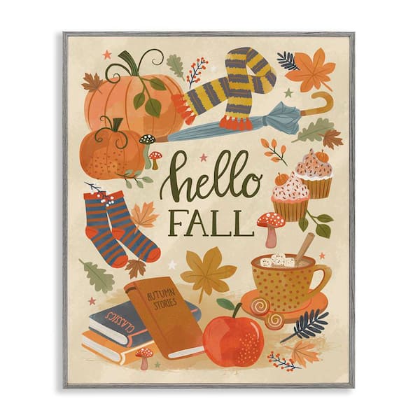 Stupell Industries Hello Fall Cozy Autumn Items by Lisa Perry Whitebutton Gray Framed Graphic Typography Art Print 16 in. x 20 in.